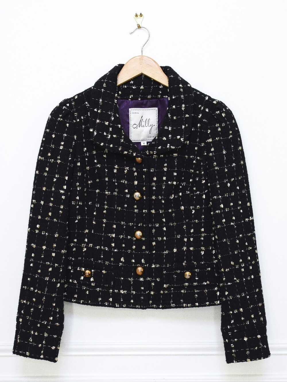 Vintage Milly Black Tweed Blazer Jacket Size 4 Wool Blend Gold Buttons Preppy